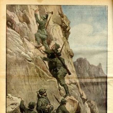 Gli alpini scalano le pareti verticali a nord-est del Cauriol - Fonte: La Domenica del Corriere 1-8 ottobre 1916