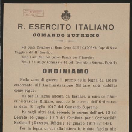 Ordine Regio Esercito per la determinazione del prezzo della legna