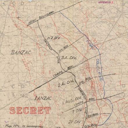 Battaglia di Broodseinde. Mappa provvisoria di pianificazione attacco. © War Office. Geographical Section