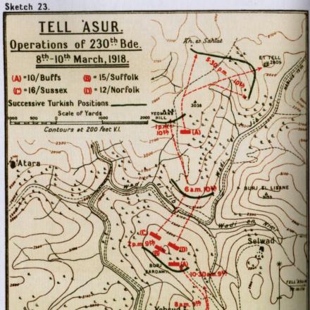 Schizzo della mappa delle operazioni di Tell 'Asur. © en.wikipedia - Military Operations Egypt & Palestine Vol. 2 Part 1 