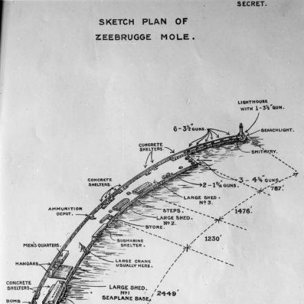 Schema di schizzo del layout generale del molo di Zeebrugge comprese le difese tedesche. © IWM (Q 36379)