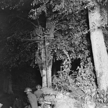 Esercitazione notturna alla Machine Gun School di Rombly, il 20 agosto 1918. Posizionamento della mitragliatrice su un albero. © IWM (Q 7290)