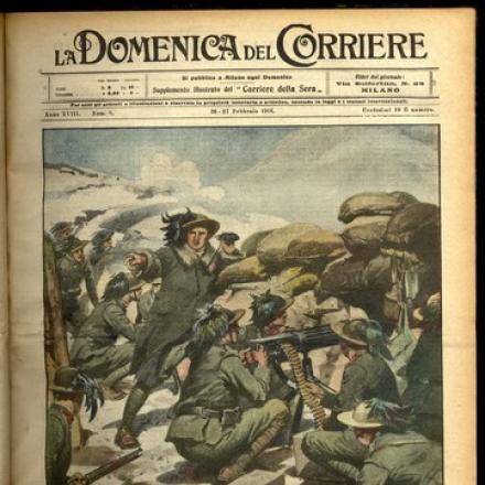 Nelle trincee dei bersaglieri entrano in azione le mitragliatrici - Fonte: La Domenica del Corriere 