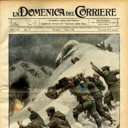 Barili e "slitte esplosive" fatti precipitare sulle postazioni austriache - Fonte: La domenica del Corriere 30/04-07/05