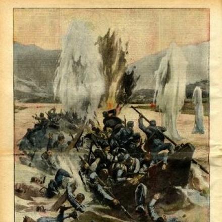 A oriente di Rovereto batteria italiana affonda barcone con austriaci - Fonte: Corriere della Domenica 18-25 giugno 1916