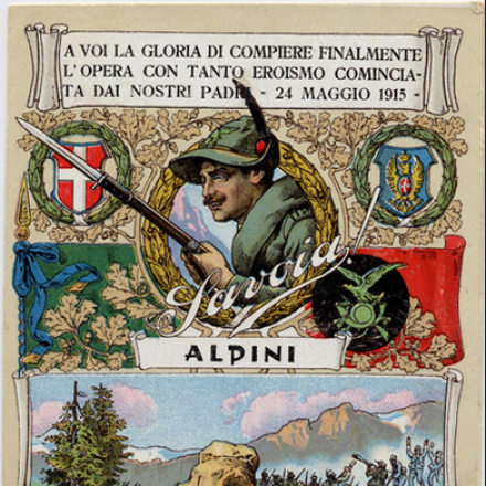 Cartolina della serie Per una più grande Italia. 1915-16 dedicata agli Alpini. Fonte: ©Museo civico del Risorgimento di Bologna