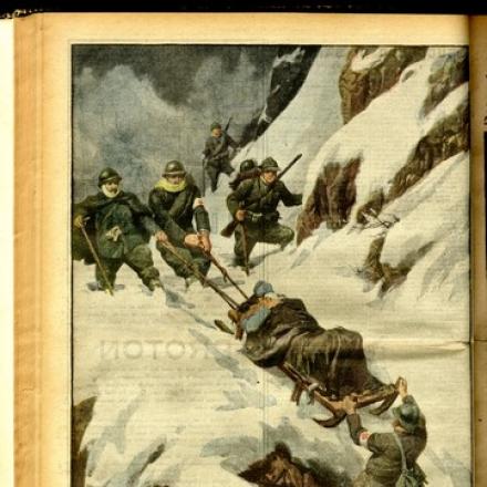 Discesa sotto la tormenta con un ferito - Fonte: La domenica del Corriere 1917