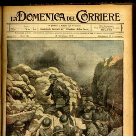In trincea prima dell'assalto alle linee nemiche - Fonte: La Domenica del Corriere 11-18 marzo 1917