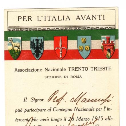 Tessera di partecipazione al Congresso nazionale dell’Associazione “Trento e Trieste”.