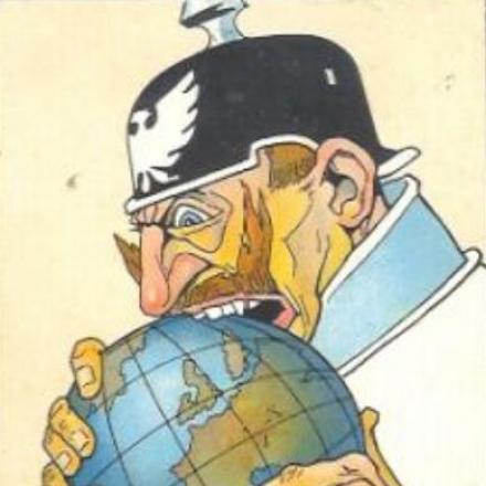 Cartolina satirica di propaganda francese_L'Ingordo_L'Imperatore Guglielmo II prova a mangiare il mondo ma lo trova "trop dur"_1915