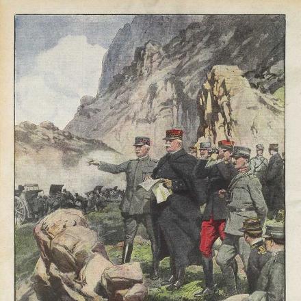 Domenica del Corriere del 19 settembre 1915. Achille Beltrame, Il generale francese Joffre sul fronte con il generale Cadorna (Archivio RCS/Fondazione Corriere della Sera)