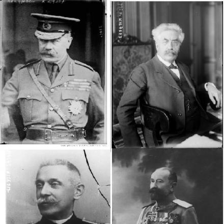 I Ministri della Guerra Herbert Kitchener (GB), Alexandre Millerand (FR), Vittorio Zupelli (IT) e Alexei Polivanov (RU). © B. N. F.  - Agence Rol (3)  - Wikipedia.