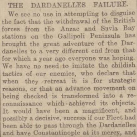  "The Dardanelles Failure" un editoriale dettagliato pubblicato sul "Western Daily Press". © britishnewspaperarchive.co.uk 