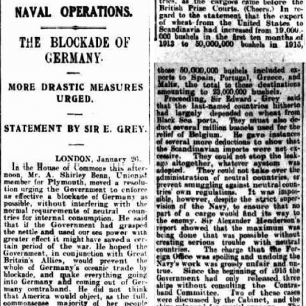The Blockade of Germany. Fonte: National Library of Australia-The Mercury Newspaper - Friday 28 January 1916, page 5 