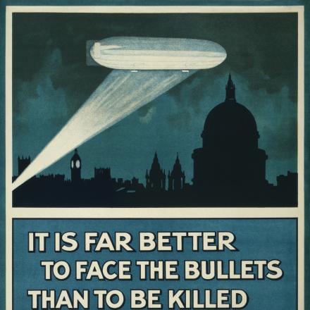 Poster di propaganda inglese che incoraggia all'arruolamento per fermare i raid aerei. Fonte:Imperial War Museum