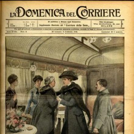 Domenica del Corriere incontro della Regina Milena con i nostri Sovrani alla Stazione di Roma. (Disegno di A. Beltrame)