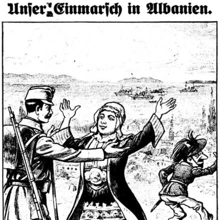 Manifesto propagandistico austro-ungarico diffuso in Albania nel 1916 - Autore sconosciuto, dalla rivista Kikeriki. Immagine di pubblico dominio