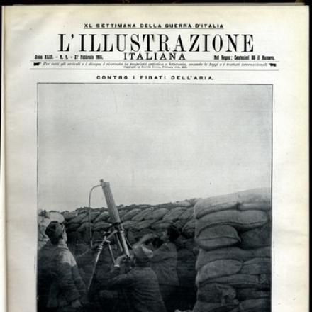 Mitragliatrice antiaerea in azione nella linea delle nostre trincee sul Carso. (Foto di A. Molinari) - L'Illustrazione 27 febbraio 1916