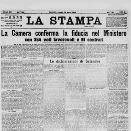 L'articolo de La Stampa del 20 marzo 1916 sul voto di fiducia al Governo Salandra. Fonte: lastampa - archivio storico