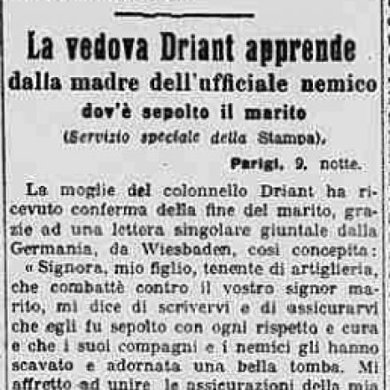 La lettera della Baronessa Schrotter alla vedova del colonnello Driant, riprodotta da La Stampa del 10 aprile 1916