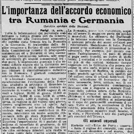 Articolo del 15/04/1916 La Stampa su accordo economico tra Romania e Germania - Fonte: Archivio Storico La Stampa
