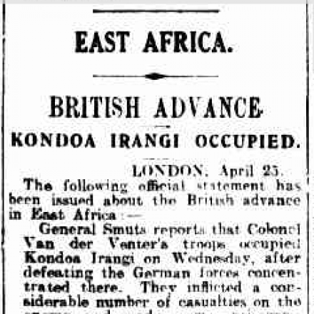 Articolo sull'occupazione di Kondoa Irangi, dal "The Mercury". Fonte: National Library of Australia