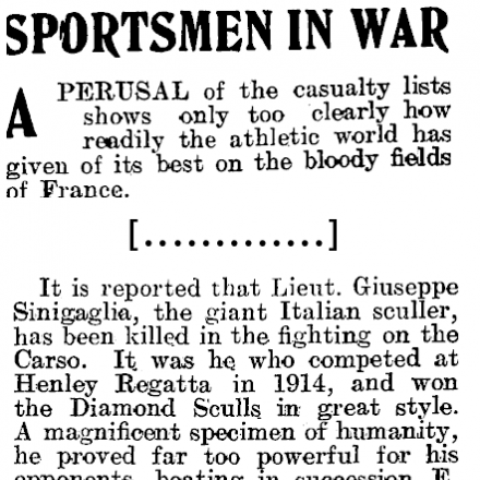 "Sportsmen in war". Giuseppe Sinigaglia citato dall'Observer