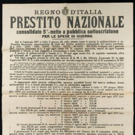 Manifesto con cui si informa l'apertura della sottoscrizione a un Prestito Nazionale. © Europeana1418_Italymanifesto_RML0357877_01