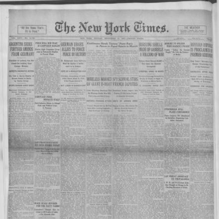 The New York Time del 17 settembre 1917: l'Argentina chiede ulteriori scuse dalla Germania. © Congress Library gov_2004540423 p. 43