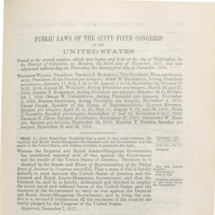 Risoluzione congiunta del Congresso degli U.S.A. che dichiara guerra all'Austria-Ungheria, 7 dicembre 1917 - © Leggi pubbliche del 65° Congresso degli U.S.A.