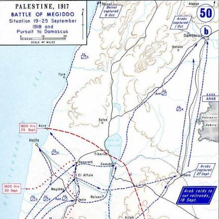 Mappa che mostra l'attacco finale di Allenby a Megiddo, nel settembre del 1918. U.S. Military Academy