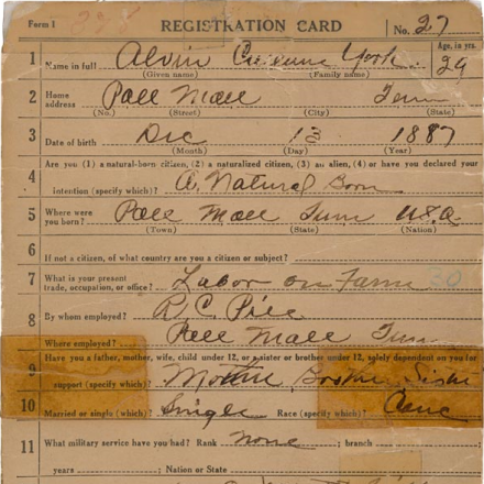 La "registration card" del caporale Alvin Cullum York. Nell’ultima riga Alvin York specifica che non vuole combattere. Project Gutenberg eText 19117