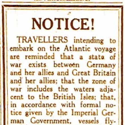 Avviso di avvertenza atlantica. Ambasciata Imperiale di Germania Washington.  © dorkingmuseum.org.uk