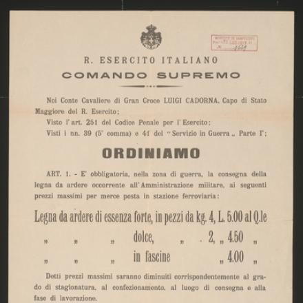 L'ordine di Cadorna per la consegna all'esercito della legna da ardere. 10 luglio 1917