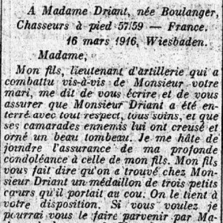 Lettera della Baronessa Schrotter - Fonte: Echo de Paris del 9 aprile 1916