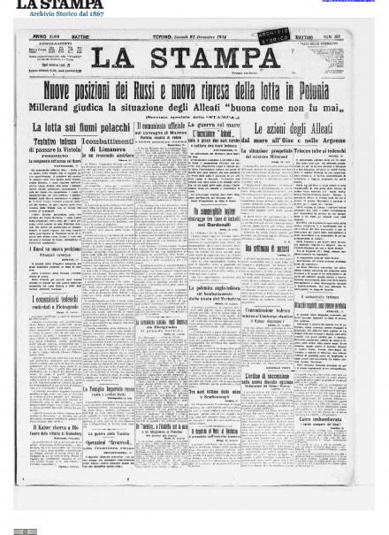 La prima pagina de La Stampa 21 dicembre 1914
