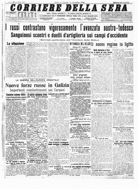 La prima pagina del Corriere della Sera 21 dicembre 1914