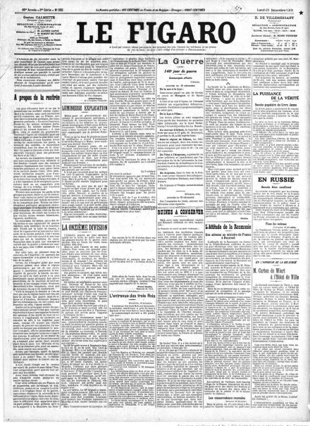 La prima pagina di Le Figaro del 21 dicembre 1914