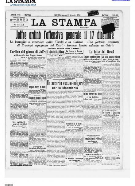 La prima pagina de La Stampa 22 dicembre 1914