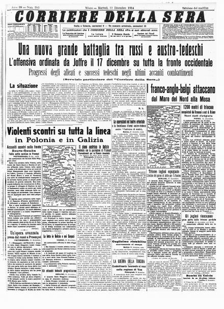 La prima pagina del Corriere della Sera 22 dicembre 1914