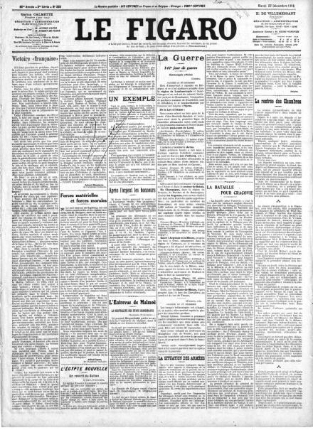 La prima pagina di Le Figaro del 22 dicembre 1914