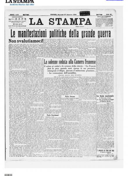 La prima pagina de La Stampa del 23 dicembre 1914