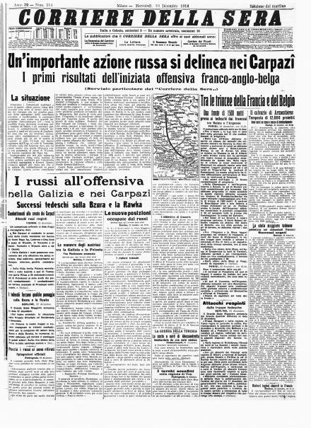 La prima pagina del Corriere della Sera del 23 dicembre 1914