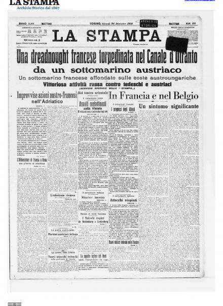 La prima pagina de La Stampa del 24 dicembre 1914