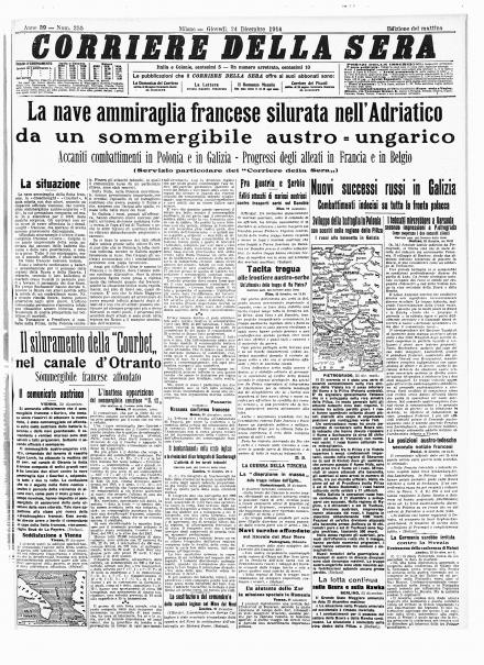 La prima pagina del Corriere della Sera del 24 dicembre 1914
