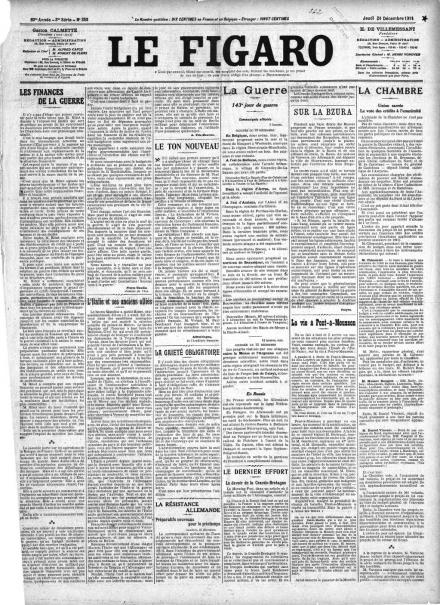 La prima pagina di Le Figaro del 24 dicembre 1914