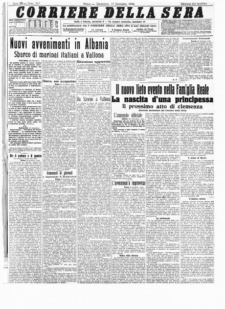 La prima pagina del Corriere della Sera del 27 dicembre 1914