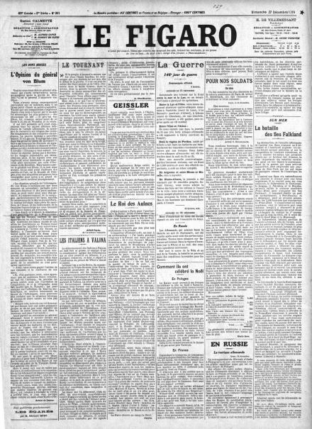 La prima pagina di Le Figaro del 27 dicembre 1914