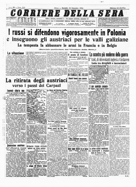 La prima pagina del Corriere della Sera del 29 dicembre 1914