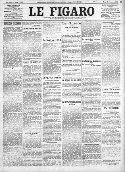 La prima pagina di Le Figaro del 29 dicembre 1914